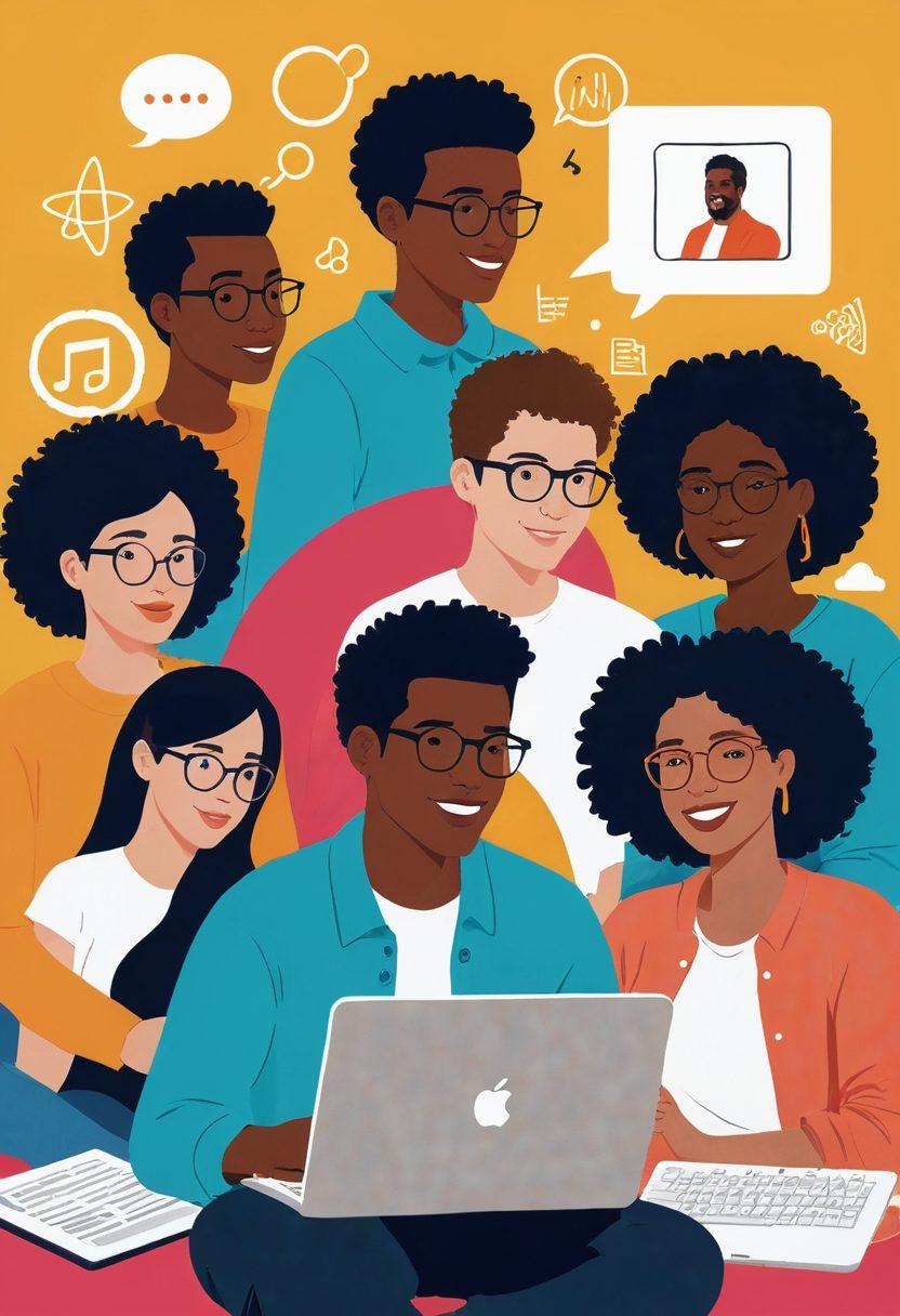 A vibrant digital collage showcasing a diverse group of storytellers engaging with various online platforms, depicting one individual animatedly sharing a story through a video call, another writing on a laptop, and a third illustrating ideas on a digital tablet. The background features abstract symbols representing storytelling, such as books, speech bubbles, and cameras, while subtle elements of digital technology intertwine. The scene is filled with bright colors to evoke creativity and engagement. super-realistic. vibrant colors.