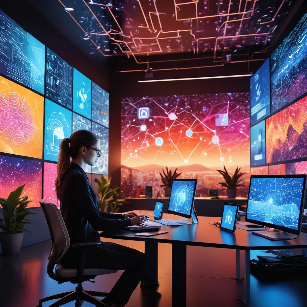 A futuristic workspace featuring a person creatively engaging with digital content on multiple screens showing graphs and social media icons. The background is vibrant with abstract patterns representing data flow and insights. Soft glowing lights create an inspiring atmosphere, symbolizing innovation in digital content creation. super-realistic. vibrant colors. 3D.