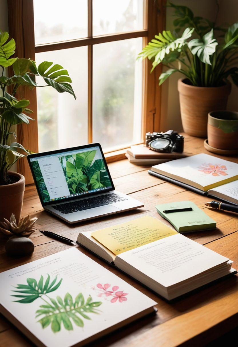 A visually captivating guidebook titled 'Unlocking the Power of IJHN' resting on a wooden desk, surrounded by creative tools like a laptop, a camera, and colorful sticky notes. In the background, a serene sunlight streaming through a window illuminates a cozy workspace filled with plants and books. The cover of the guidebook features vibrant illustrations symbolizing digital content creation and blogging insights. super-realistic. vibrant colors. cozy atmosphere.